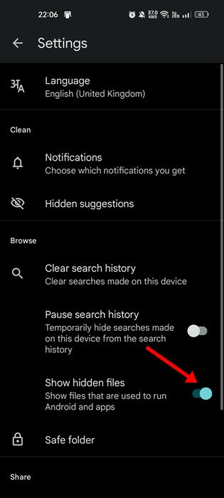 Show hidden files