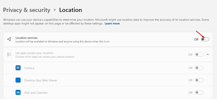 turn off the toggle switch for Location Services