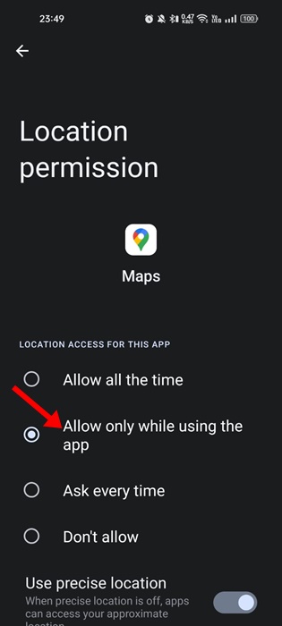 Allow only while using the app