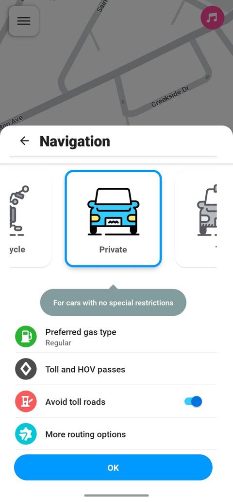A screenshot of vehicle settings in Waze-1