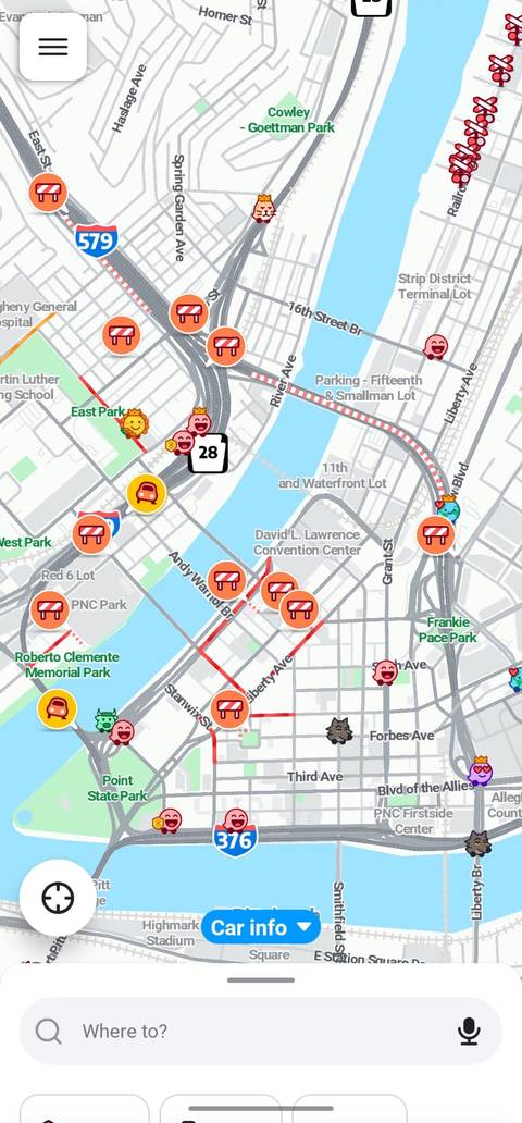 Traffic in Pittsburg Pennsylvania, shown in Waze