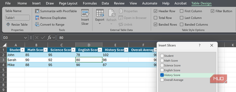 The Insert Slicers window in Microsoft Excel.