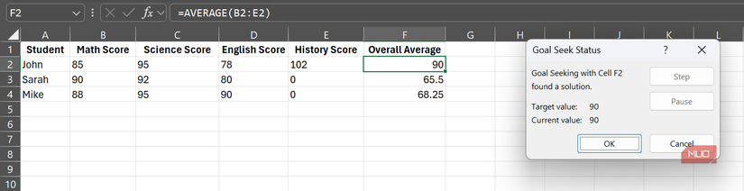 Goal Seeking with Cell F2 in Microsoft Excel.