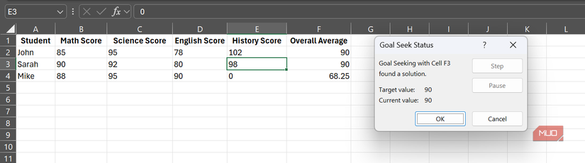 The Goal Seek Status Window in Excel.