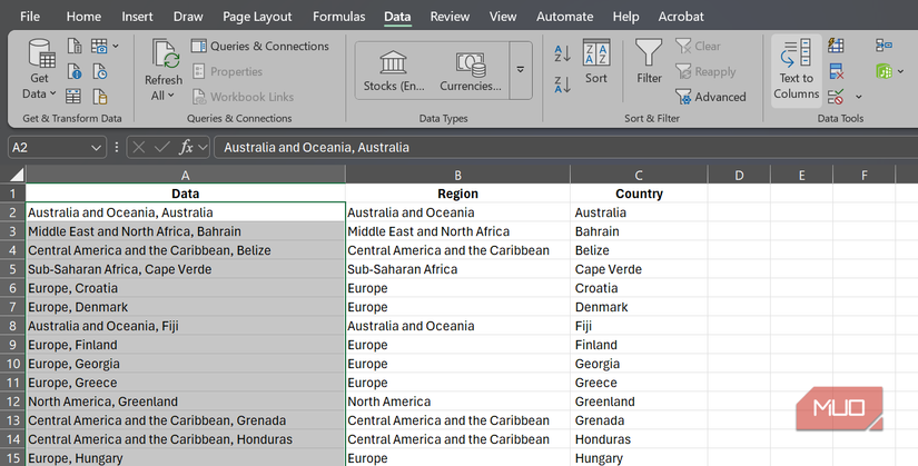 The Text to Columns feature in Microsoft Excel
