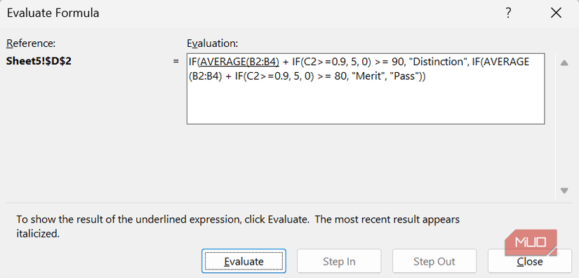 The evaluate formula window in Microsoft Excel.