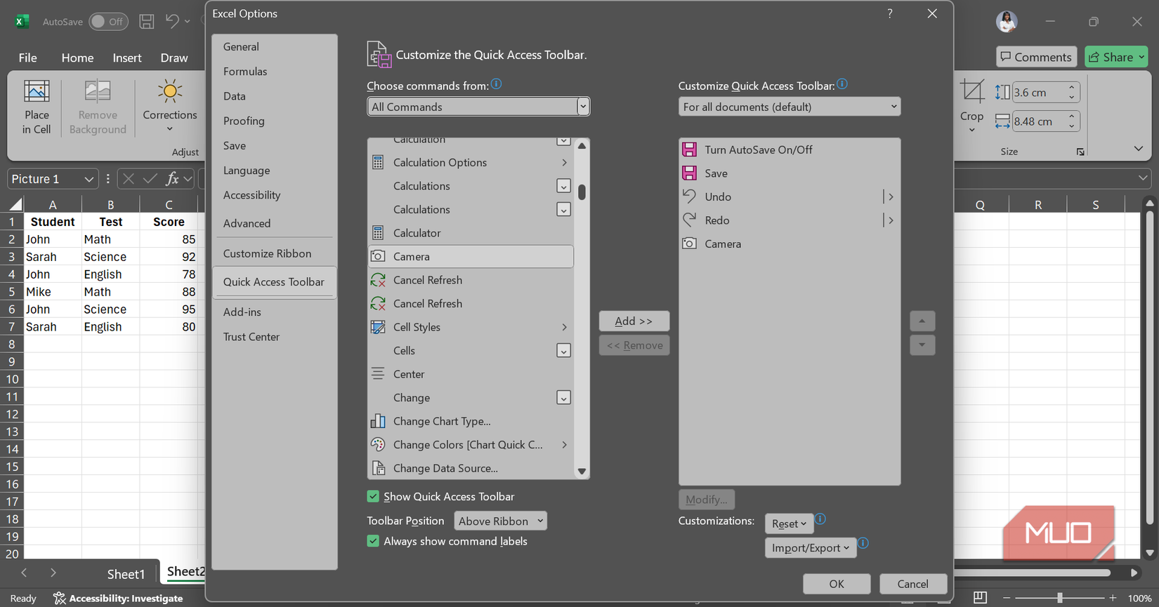The Customize the Quick Access Toolbar window in Microsoft Excel on Desktop.