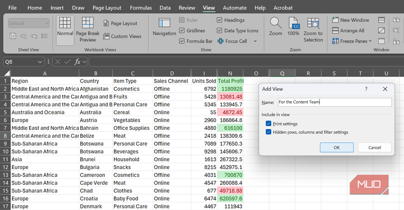 The Add View window under Custom Views in Microsoft Excel.
