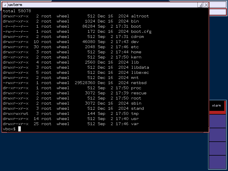 Terminal showing a directory listing on the NetBSD desktop environment.