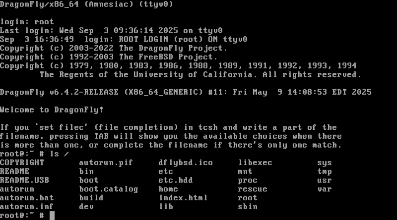 Dragonfly BSD live console showing a directory listing.