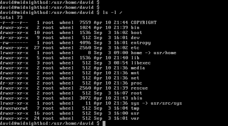 Directory listing in the MIdnighBSD console environment.