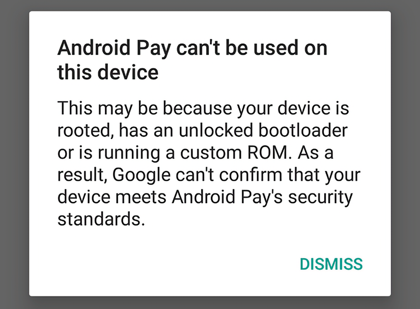 Screen saying Android Pay is blocked.