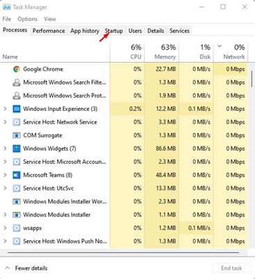 switch to the Startup tab