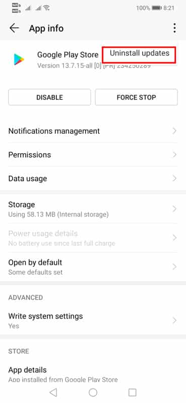 Uninstall Play Store Updates