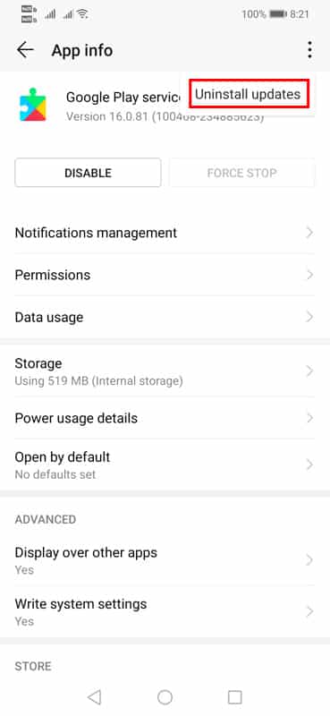 Uninstall Google Play Services Updates