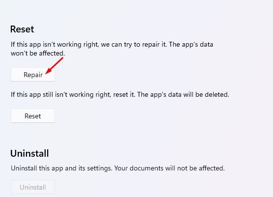 click on the Repair button