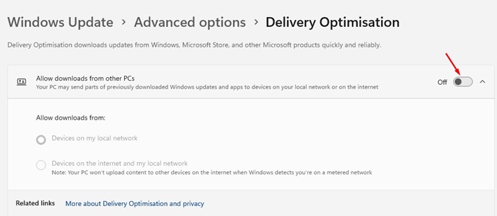 turn off the toggle for 'Allow downloads from other PCs'