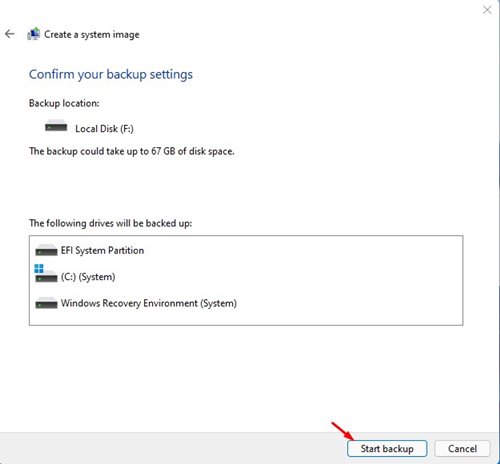 click on the 'Start backup' option