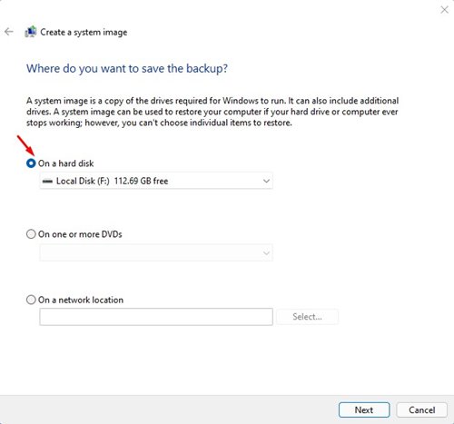 select the 'On a hard disk' option