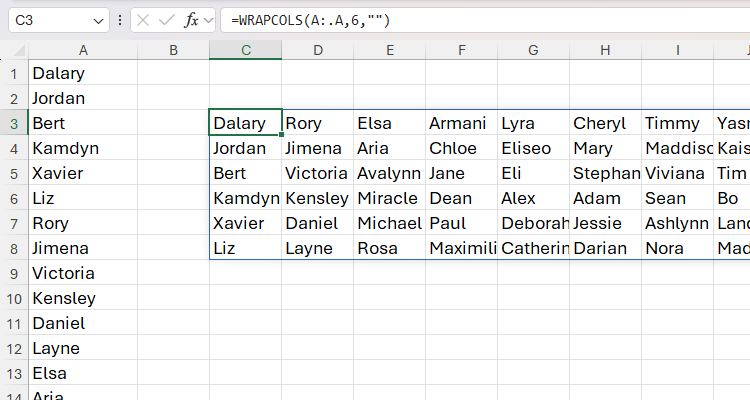 The WRAPCOLS function in Excel, with the whole of column A referenced with the trim ref operator.