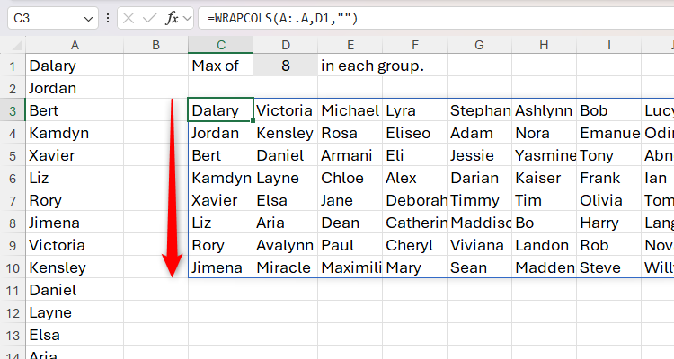 Cell D1, which contains the number eight, is referenced in the second argument of the WRAPCOLS function in Excel.