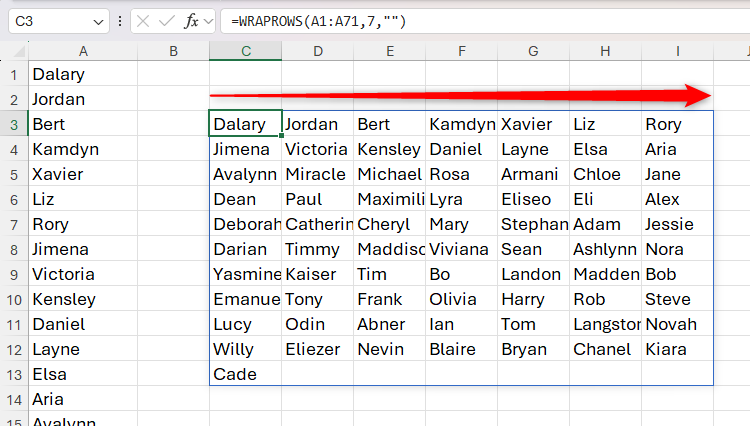 The WRAPROWS function in Microsoft Excel used to turn a one-dimensional column of names into an array of rows with seven names in each.