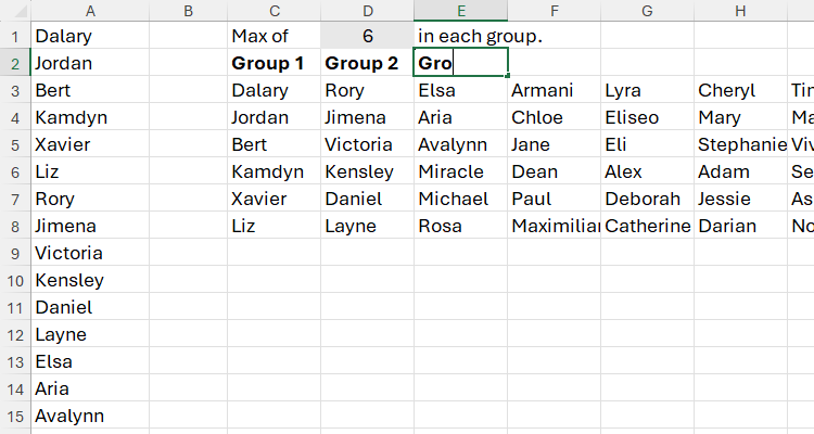 Groups of names being numbered manually as column headers in Microsoft Excel.