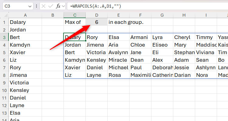 Cell D1 is referenced in the second argument of the WRAPCOLS function in Excel.