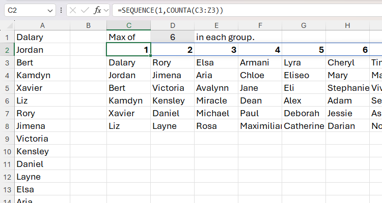 The SEQUENCE and COUNTA functions used to add column headers to the result of a WRAPCOLS formula.