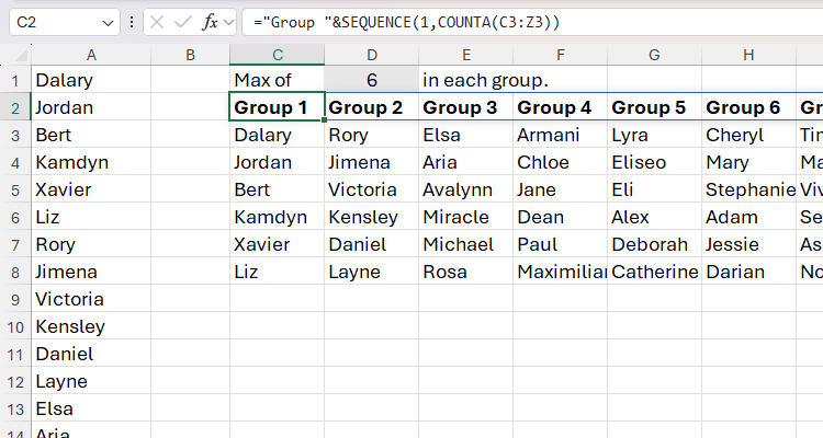 Column headers are added to the result of a WRAPCOLS formula by contatenating a text string with the SEQUENCE and COUNTA functions.