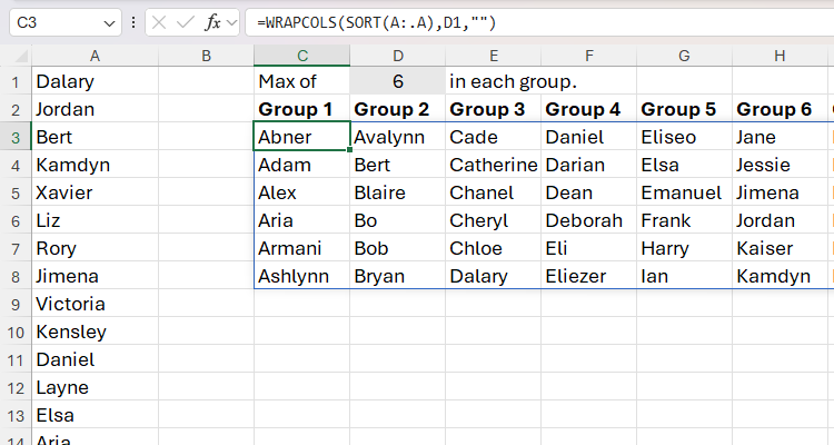 The SORT function nested in the WRAPCOLS function in Excel to produce groups of six names alphabetically.