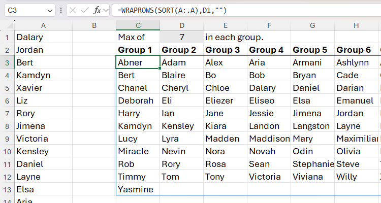 The SORT function nested in the WRAPROWS function in Excel to produce seven groups of names, ordered alphabetically by row.