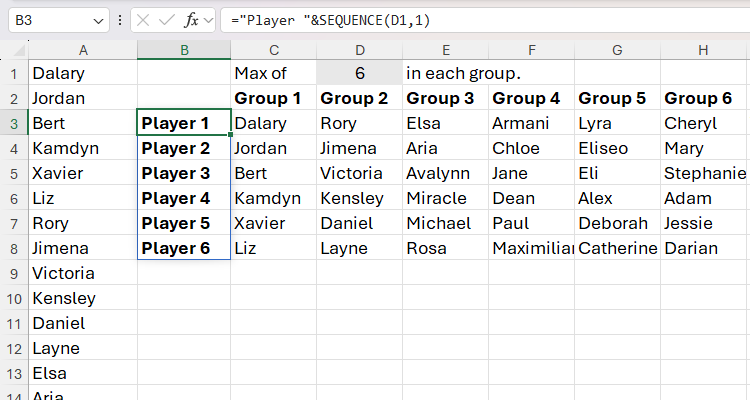 The SEQUENCE function in Excel used to create row headers for the result of a WRAPCOLS formula.