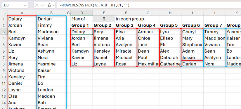 VSTACK wrapped in WRAPCOLS in Excel to produce columns of six values from two one-dimensional arrays.