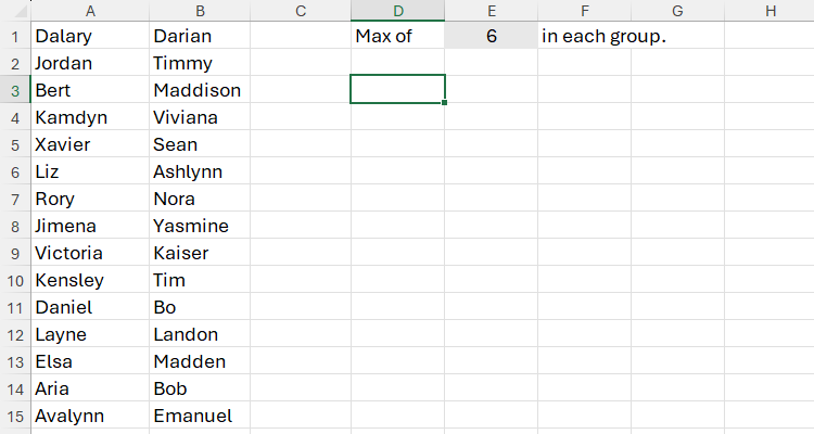 An Excel worksheet with an array of first names in each of columns A and B.