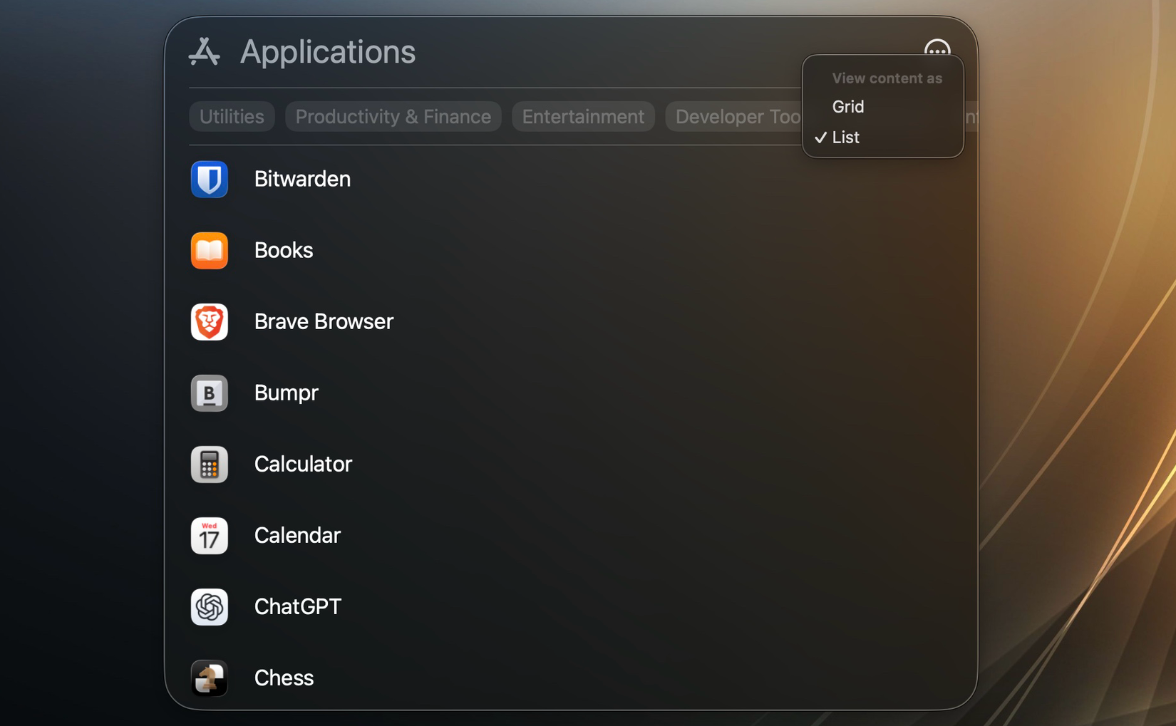 Application List view in Spotlight.