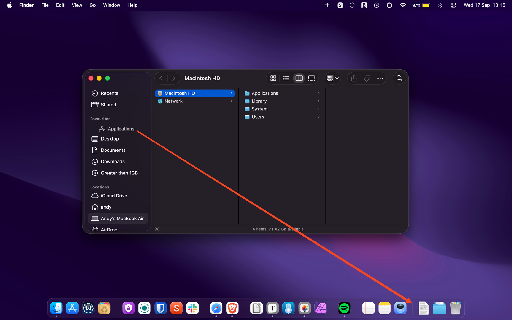 Dragging the Applications folder onto the Dock.