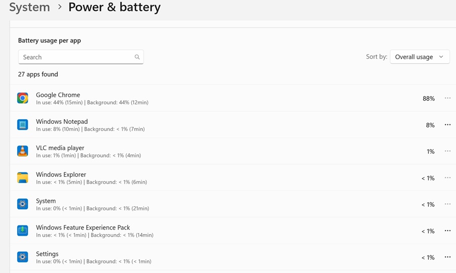 app's battery usage in percentage