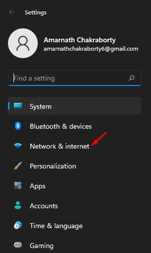 click on the Network & Internet option