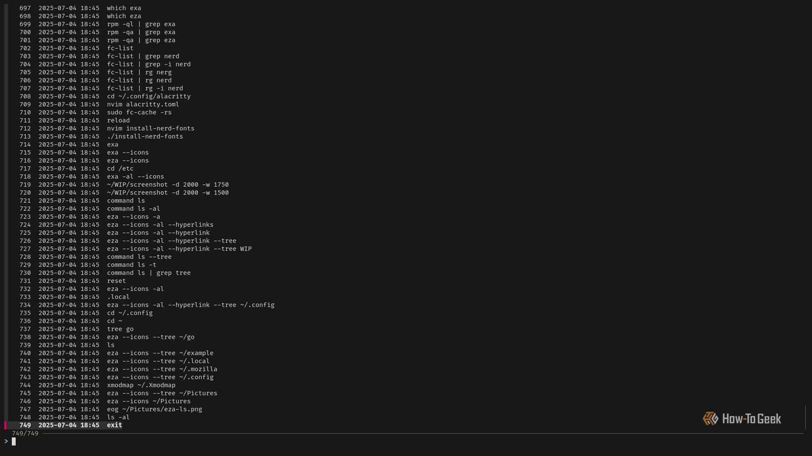 A terminal window displays a list of commands. This is the output of the fzf History Search command.