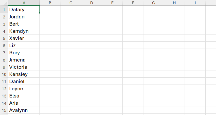An Excel worksheet with first names in each cell in column A.
