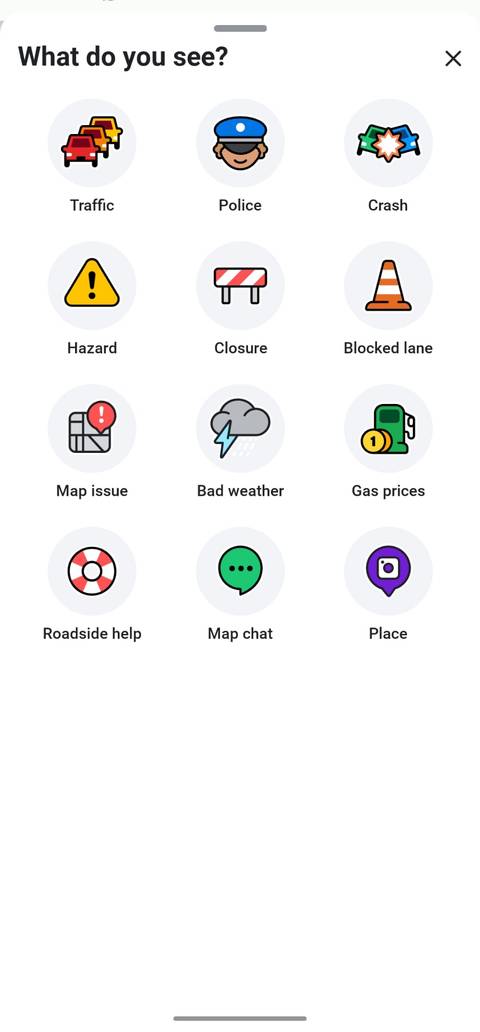 A screenshot of alerts you can ping for others using Waze