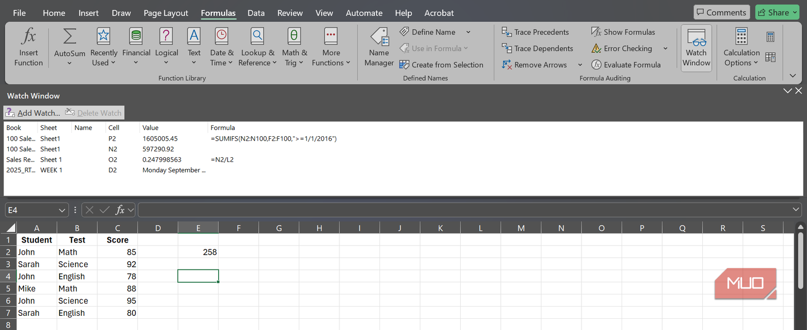 The Watch Window feature docked under the ribbon on an Excel sheet.