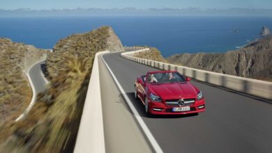 Front 3/4 action shot of a 2012 Mercedes-Benz SLK