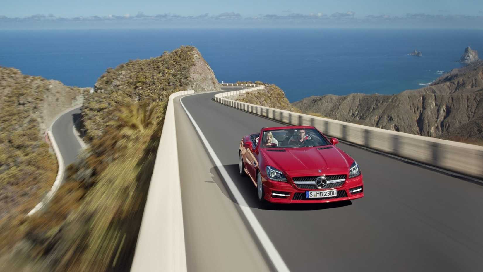 Front 3/4 action shot of a 2012 Mercedes-Benz SLK 